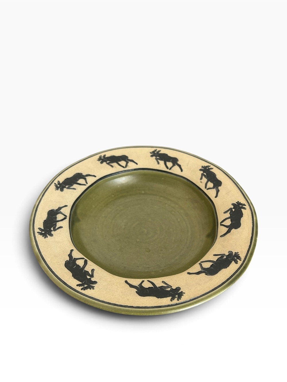 Canadian Pottery Moose Bowl – Olive Green & Beige – Signed 2001